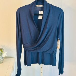 BAILEY 44 Raimi Long Sleeve Jersey V-neck Top Navy Blue with Ruching, Large NWT